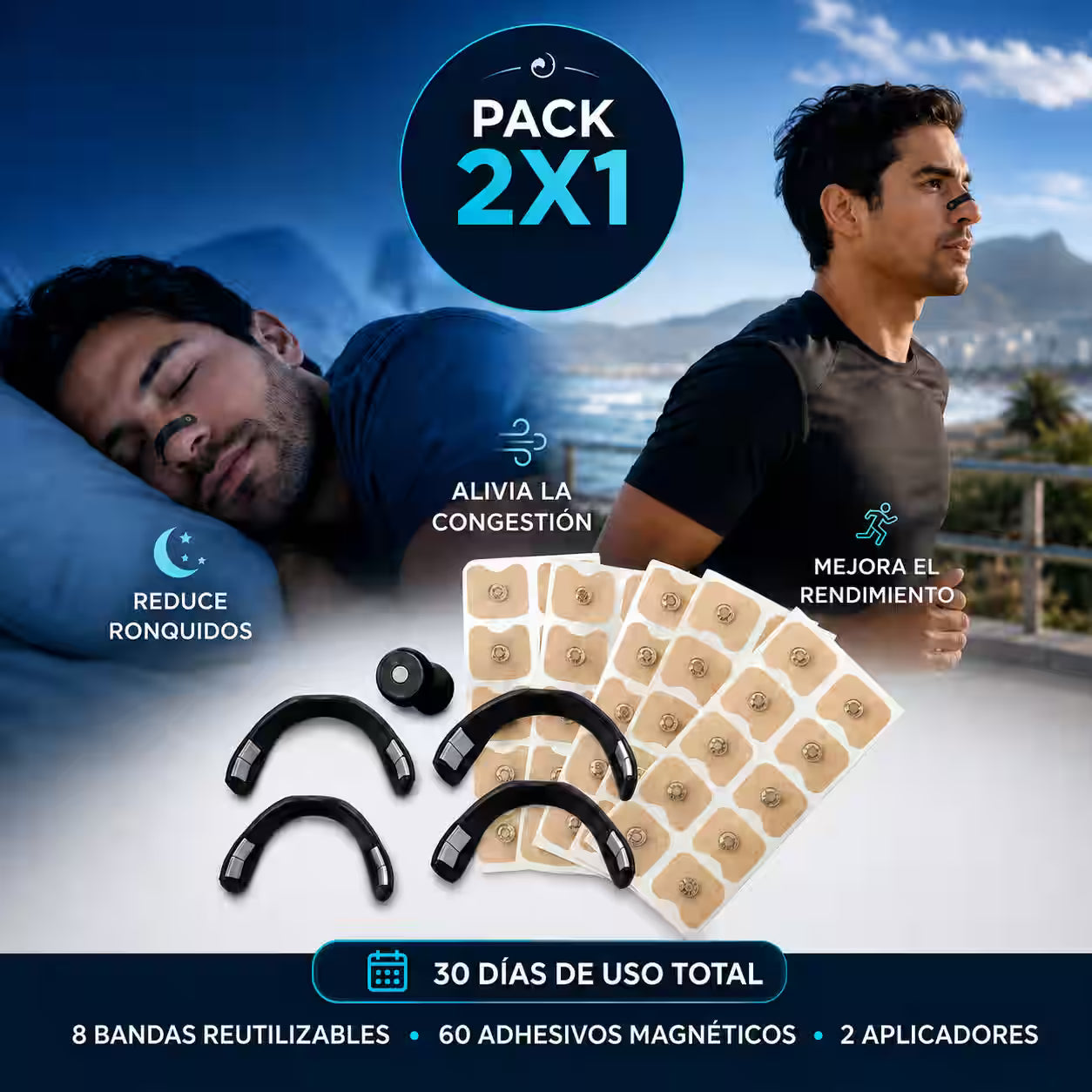 2x1 Kit de Bandas Nasales Magnéticas  – Mejora la respiración, reduce los ronquidos y favorece el descanso y el rendimiento deportivo