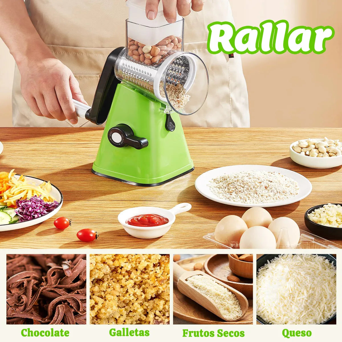RallaPro™ – Procesador Manual de Alimentos: Corta, pica y ralla 10 veces más rápido